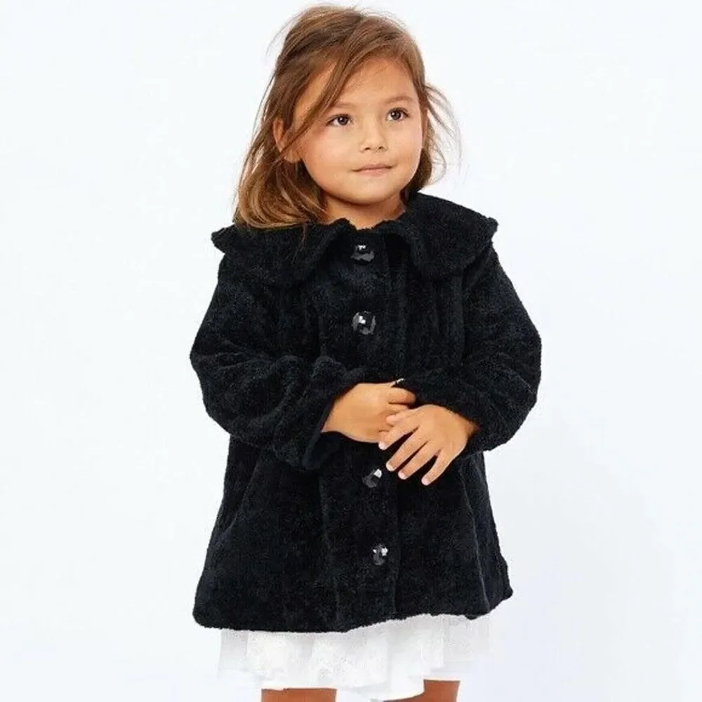 For Love & Lemons x Lil' Lemons Girls Jacket Coat Fuzzy Black 6Y Faux Fur Button